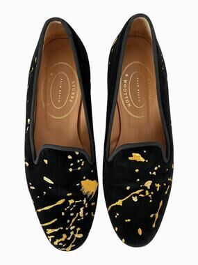Stubbs & Wootton Pollock Slippers Black Velvet Gold Loafers Paint Splatter 8.5